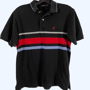 Nautica Black Polo Shirt with Red Blue Grey‎ Stripes